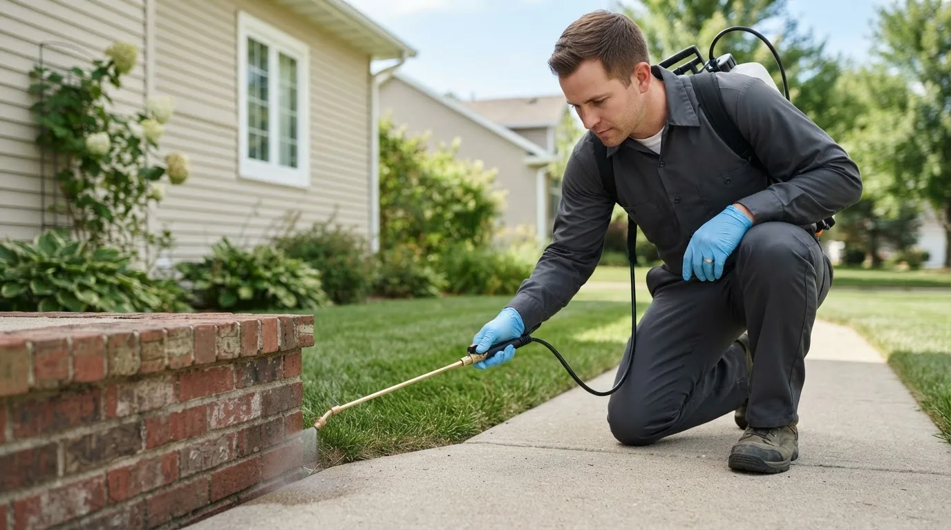 Pest control technician treating a home near Boscobel, WI